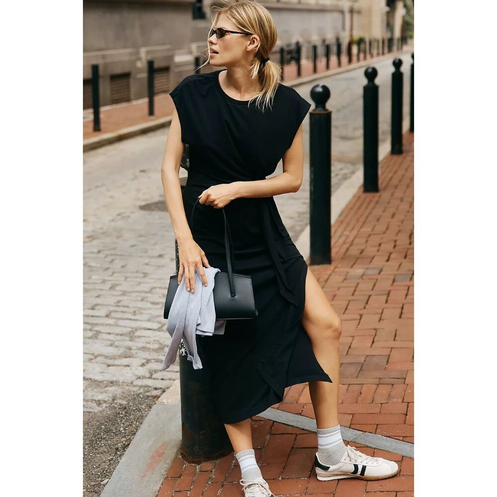 NWT Anthropologie Daily Practice Black Tiebreaker Midi Dress Womens XS